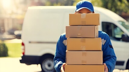 Delivery man carrying multiple packages in front of a van on a sunny day