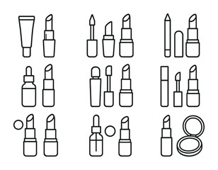 Cosmetic and beauty line icons set – outline, makeup, skincare essentials