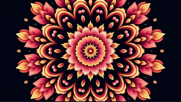 Kaleidoscope Mandala Background Animation in Bold Orange Flower Ideal for Psychedelic, Festival, or Music-Themed Digital Stock Projects