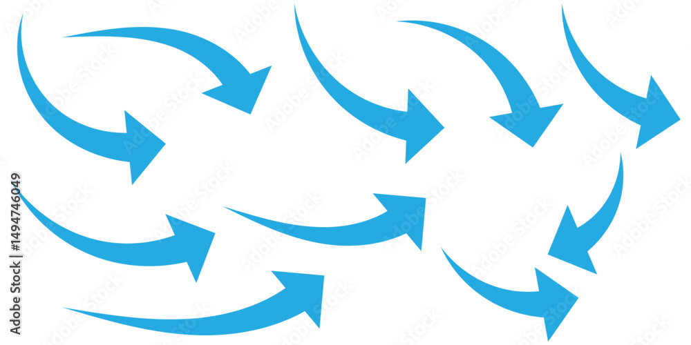 Poster set of long blue curve arrow icon vector . blue curve arrow icon set. long arrow icon set. curve arr