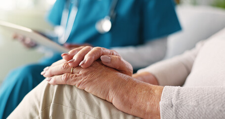 Nurse, hands or senior patient with medical results for healthcare or consultation at retirement...