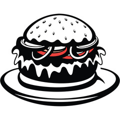 Stylized Burger Illustration: Black and White Hamburger with Toppings on a Plate.                                                                     