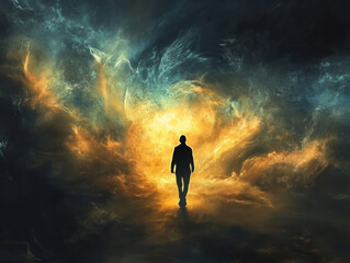 Fototapeta premium Silhouette of a person walking towards a bright glowing horizon with dramatic clouds and vibrant colors creating a sense of journey and discovery