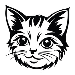 Minimalist Black and White Vector Illustration of a Cat's Face on White Background                                                                    