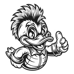 Monochrome Cartoon Duck Giving Thumbs Up Gesture in Positive and Cheerful Manner.                                                                     