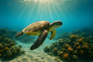 Fototapeta premium Tartaruga-marinha verde nadando sobre recife de corais em águas tropicais claras