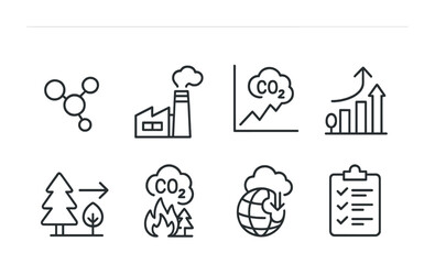Climate change outline icons set – environment, pollution, global warming symbols
