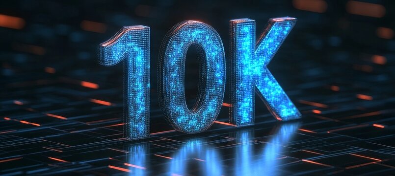 10K Followers. Social Media Achievement, Digital Progress. Blue Glowing 3D Number on Tech Background