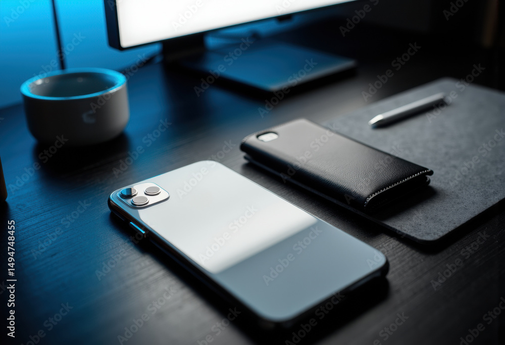Poster modern smartphone with camera lenses placed on a sleek desk setup for technology use