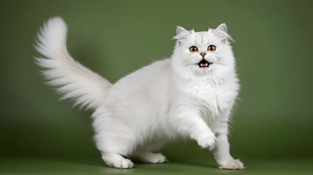 Playful White Persian Kitten on Green Background - A fluffy white Persian kitten with striking orange eyes playfully poses against a solid green backdrop. Its long tail is elegantly curved