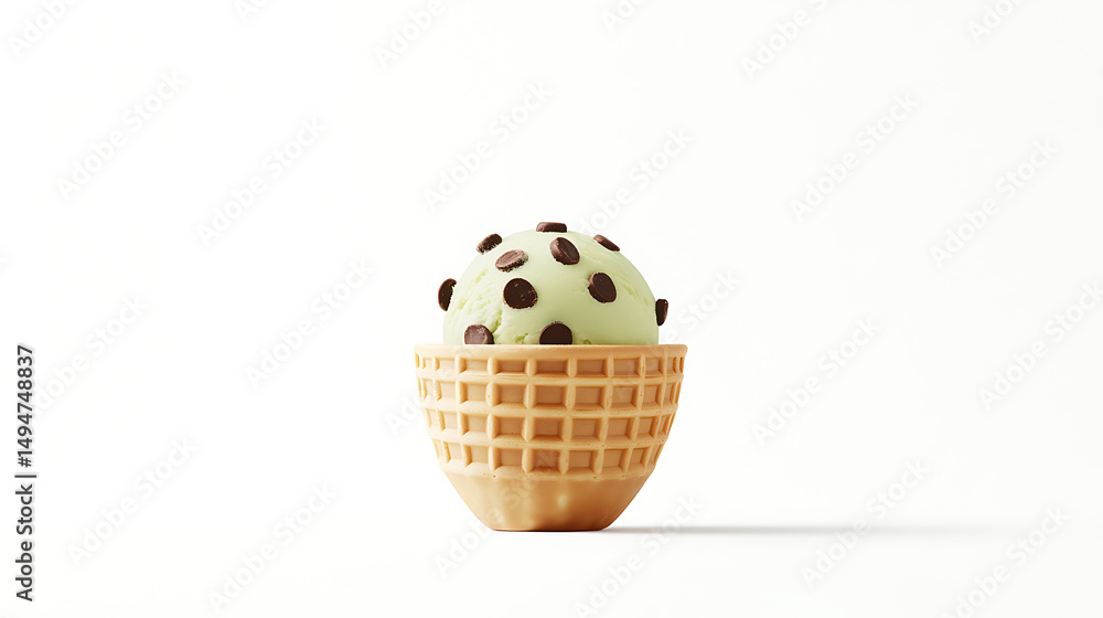 Poster mint chocolate chip ice cream scoop in a waffle cone sits centered on a white background with soft s