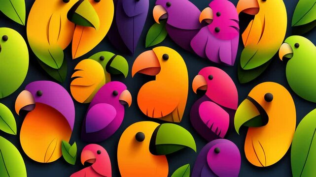 Background of colorful parrots with large beaks and black eyes