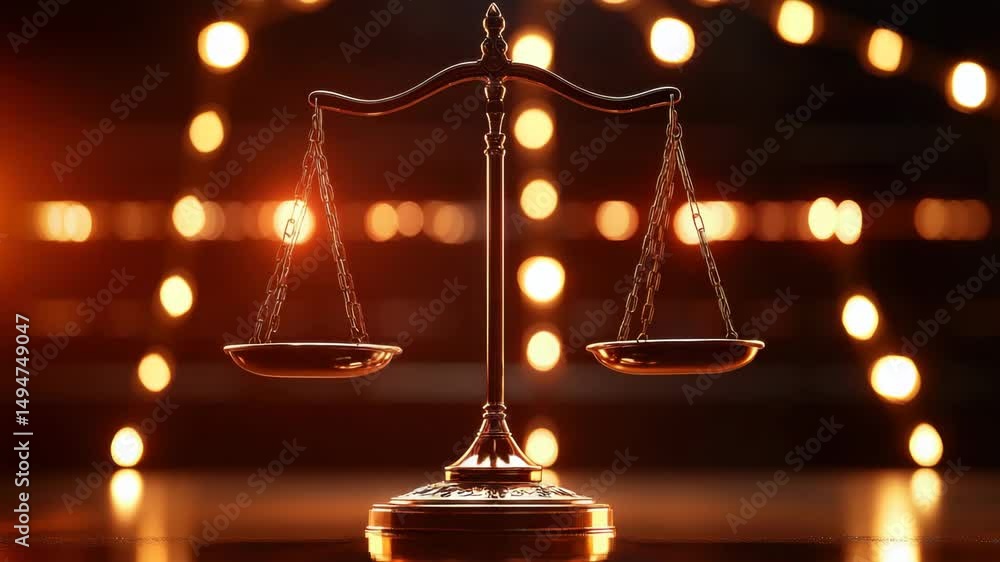 Poster balanced scales on table with festive blurred lights in background