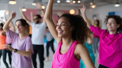 Group exercise class in a bright studio with participants enjoying a dance fitness session
