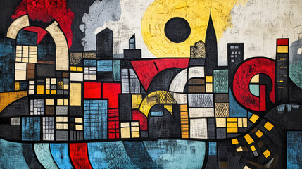 Obraz premium Vibrant Abstract Cityscape Mural with Bold Geometric Shapes and Bright Colors Enhancing Urban Art and Creative Wall Decorations in Contemporary Style