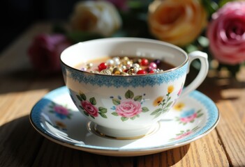 Elegant teacup filled with colorful beads and surrounded by flowers