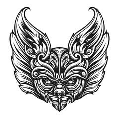 Intricate Black and White Vector Illustration of an Ornate Bat Head with Striking Detail.                                                             
