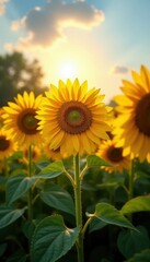 Fototapeta premium Sunflowers in a field, heads tilted toward sun , rural, light, summer