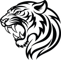 Aggressive Tiger Head in Black and White Vector Illustration, Displaying Ferocity and Striking Design with Sharp Fangs.                               