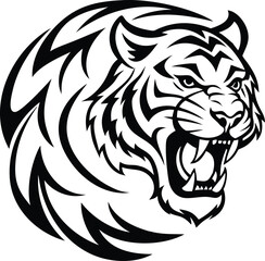 Roaring Tiger Head Illustration: Bold Black and White Graphic with Open Mouth and Sharp Teeth Depiction, Perfect for Tattoo Design.                   