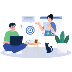 Remote Work Illustration. Vector illustration of Man and woman in a video call discussing project goals and planning tasks remotely. Isolated on background