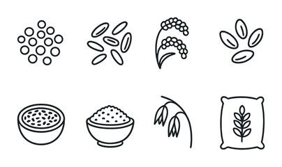 Grain and cereal outline icons set – linear, flat, food and harvest symbols