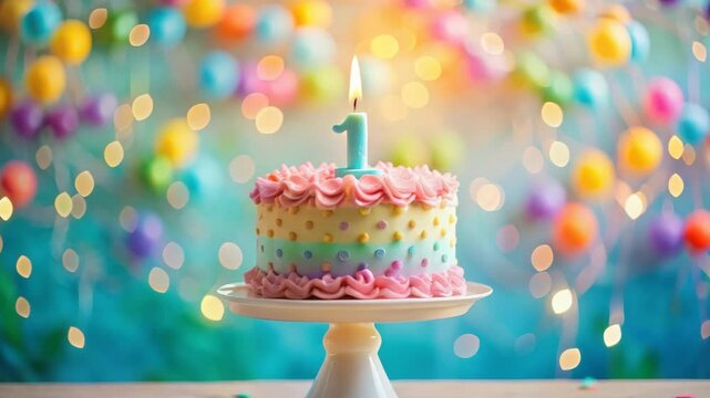 A pastel-colored birthday cake with a number one candle sits on a stand, surrounded by colorful decorations and soft lights.