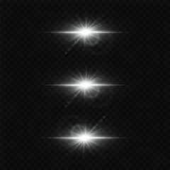 Bright white glare of light with lens reflection, star flash.