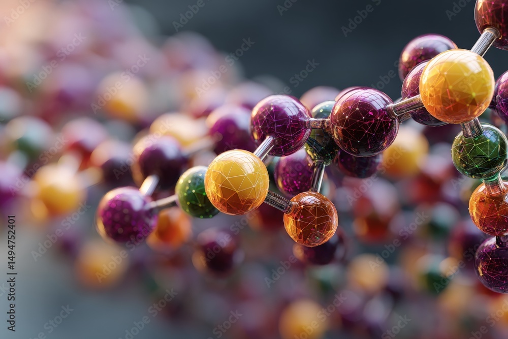 Poster colorful molecular structure showcasing vibrant connections and bonding at macro scale