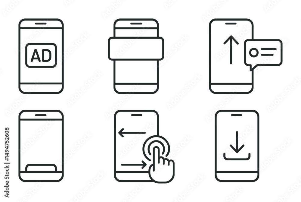 Poster mobile app interaction icons set – outline, linear, user interface symbols