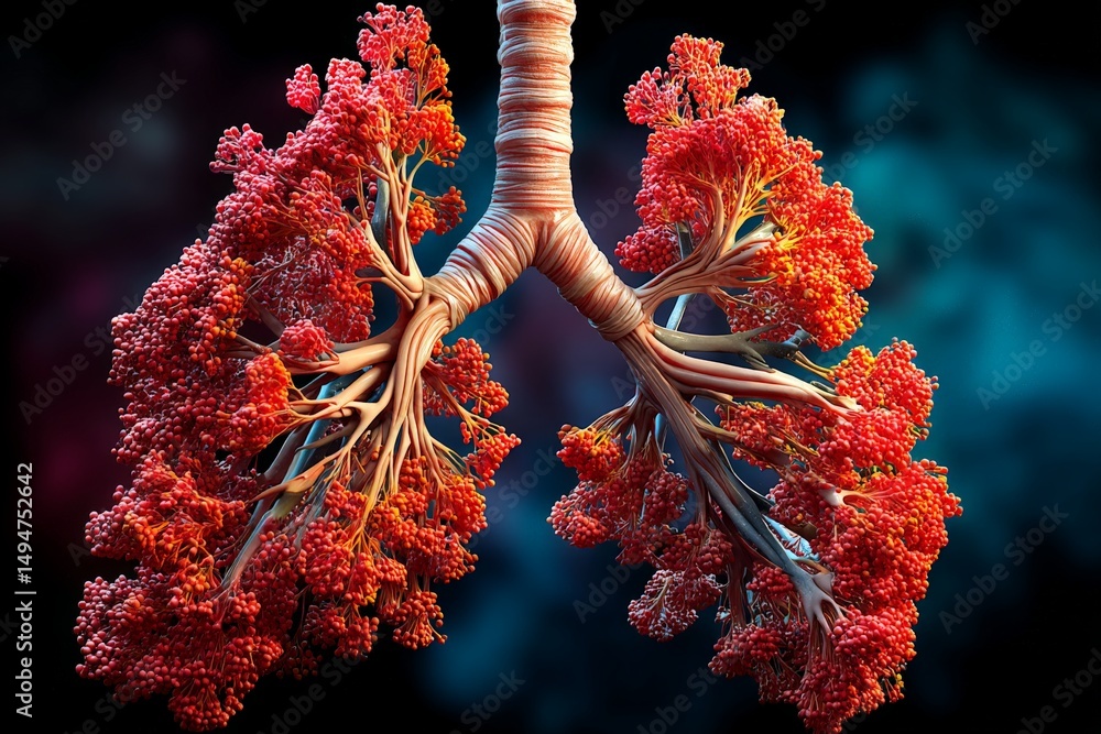 Poster digital representation of human lungs showcasing intricate structure and vibrant colors in a creativ