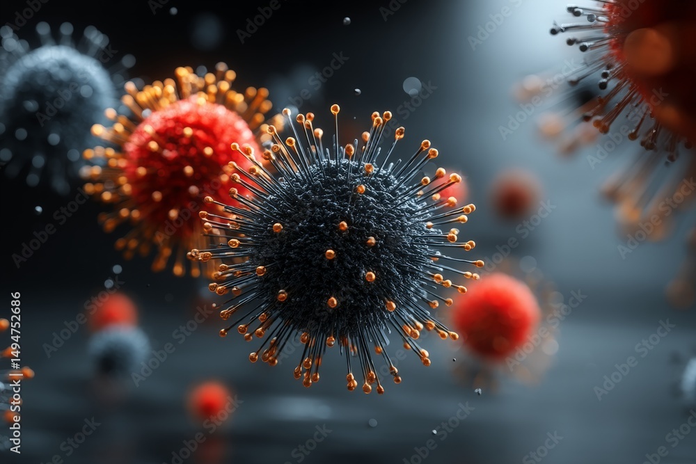 Poster Colorful close-up view of viruses showing detailed structure in a dark background with exceptional clarity