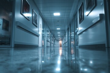Fototapeta premium Empty hospital corridor with glossy floors reflecting light and artwork on the walls in a quiet healthcare environment