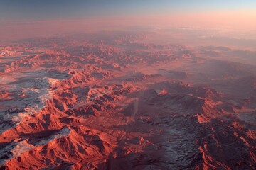 Obraz premium Vast desert landscape showing rugged terrain at dusk with warm hues and distant mountains