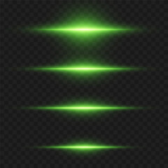 Green glowing horizontal rays of light, flash of lines. On a transparent background.