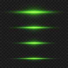 Green glowing horizontal rays of light, flash of lines. On a transparent background.