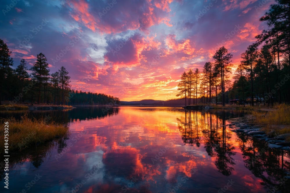 Poster stunning sunset over tranquil lake with vibrant colors and reflections in a serene forest setting