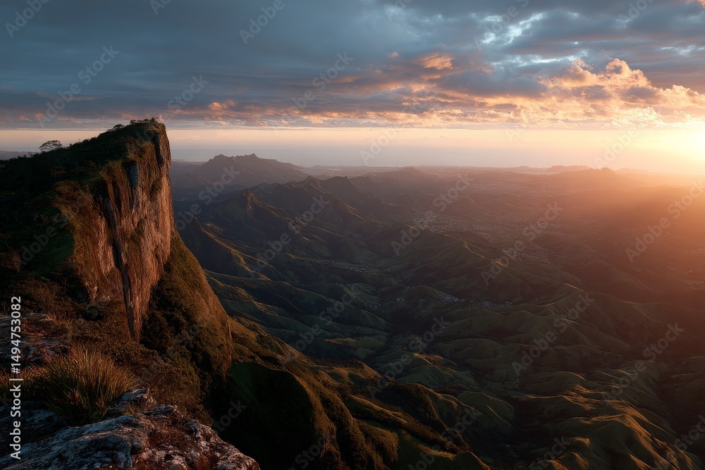Poster majestic sunset over mountain cliffs with sweeping views of valleys and distant ranges in a serene l