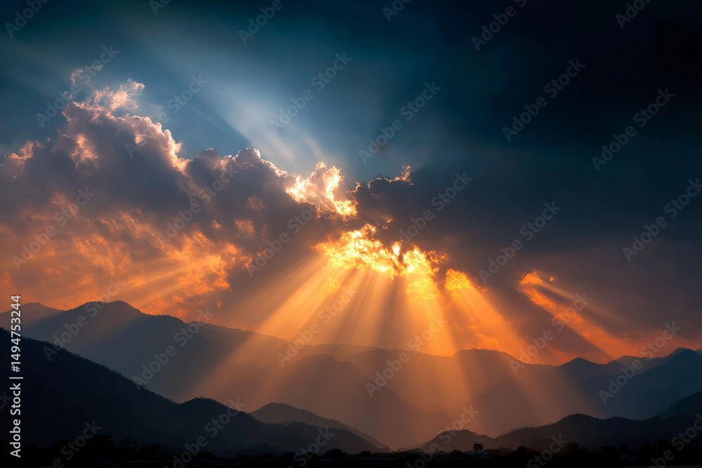 Poster sunset rays illuminate mountain ranges under dramatic clouds in the evening sky