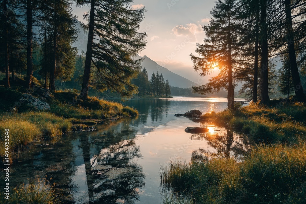 Poster sunset over a tranquil lake surrounded by pine trees in a peaceful natural setting