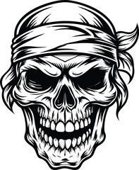 Intricate Skull Illustration: Detailed Black and White Vector Art with Bandana for Edgy Design Concepts.                                              