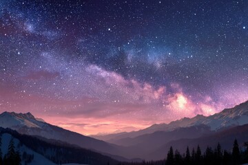 Fototapeta premium Starlit sky illuminates mountain landscape at twilight during a serene night
