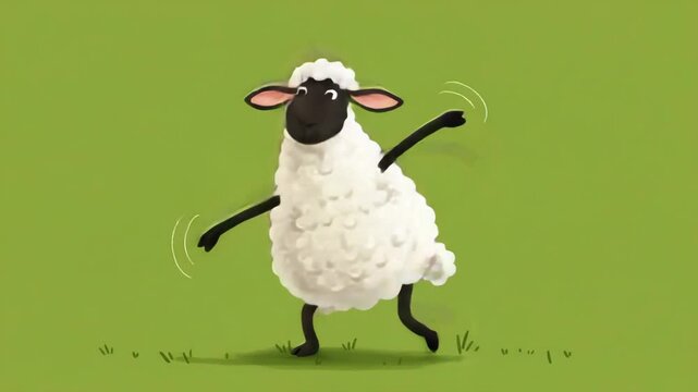 Happy Sheep Dancing in Green Field - A cheerful cartoon sheep with black legs and face joyfully dances in a vibrant green field. Simple line drawings of grass add to the whimsical nature of the illust