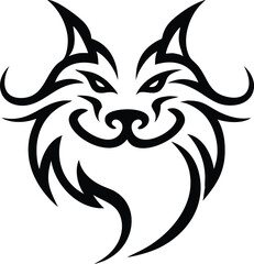 Stylized Lynx Head: Tribal Tattoo Design in Black and White, Abstract Feline Illustration                                                             