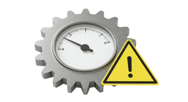 Isolated Industrial System Critical Alert Icon with Gauge Gear and Warning Sign