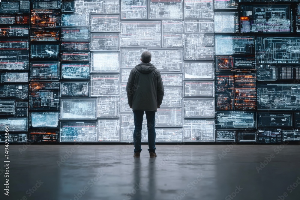 Aufkleber Individual observes a vast display of data analytics in a modern tech environment during evening hours