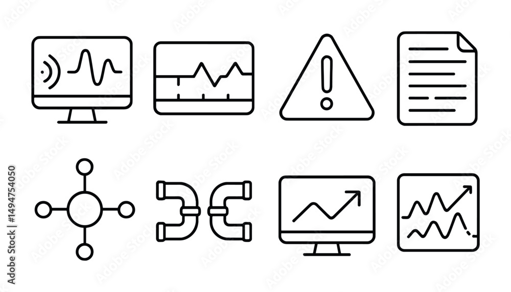 Poster data analysis outline icons set – linear, statistics, charts and graphs symbols