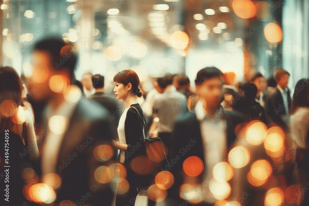 Aufkleber Crowded urban setting during a business networking event with blurred lights adding a festive atmosphere