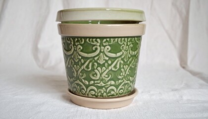 Pot with green pattern on light canvas showcasing a floral holder