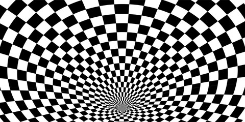 Naklejka premium Abstract Black and White Optical Illusion Surrealism Tunnel Portal Pattern. Contrasty Optical Art Gravity Vortex. Smooth Checkered Tunnel and Chessboard in Perspective. Vector Illustration.